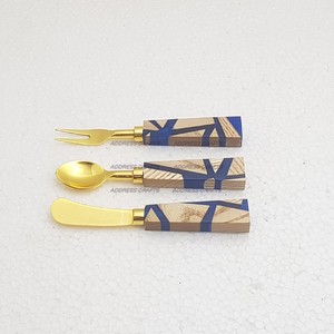 Couverts en acier inoxydable de style vintage personnalisés, service de couverts en résine et manche en bois de couleur marron et bleue, vaisselle de table d'occasion - Product Image 5