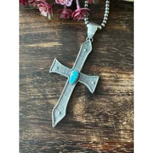 Pendentif en turquoise de Kingman Navajo et argent sterling, en tufa façon pavé, avec sertissage clos, type religieux chrétien - Product Image 4