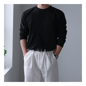 Camisetas de hombre Camiseta de manga larga con cuello redondo esencial para uso diario 5 colores Tela suave de gran tamaño Casual ropa de calle coreana Look H0012 - Product Image 1