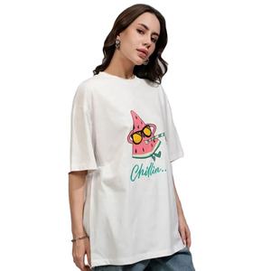 Venta al por mayor de las mujeres de cuello redondo 100% de algodón de manga corta Camiseta de gran tamaño con impresión digital y logotipo personalizable - Product Image 1