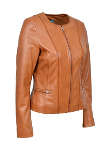Chaqueta de cuero de Napa real suave de diseñador de moda elegante de bronceado para mujer, chaqueta marrón de cuero puro para mujer - Product Image 3