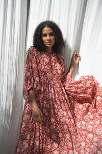 2024 vestidos casuales de verano para mujer bloque de mano impreso 3/4 mangas algodón precio al por mayor largo Floral Maxi vestido rosa - Product Image 5