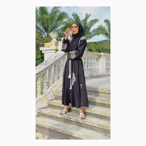 Abaya modesta negra para musulmanes, tela Georgette completamente bordada, crepé ligero, sensación de vestido de baile, silueta, cintura Natural - Product Image 3