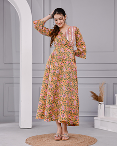 Vestido de Algodón Estampado a Mano para Mujer, Estampado Floral Indio, Ropa Étnica para el Día a Día al Mejor Precio - Product Image 2