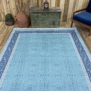 Tapis turc 6,4x6,7 pieds, grand tapis vintage, tapis en soie à carreaux bleus - Product Image 4
