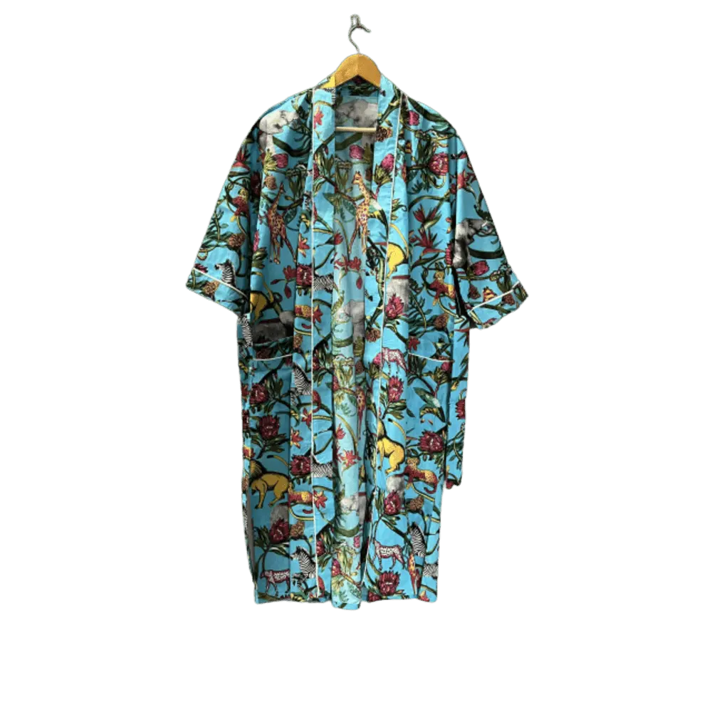 Bata Kimono de algodón con estampado para mujer, albornoz largo tejido, suave y ligero, ropa de dormir informal con cuello en V, azul cielo