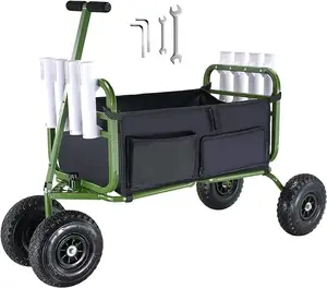 THCW10052 - Beach Fishing Cart, 300 lbs Load Capacity with Big Wheels for Sand, Steel Pier Wagon Trolley with 8 Rod Holders