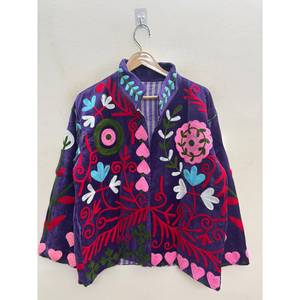Suzani Hand-Embroidered <b>Velvet</b> Jacket-Deep <b>Purple</b> with Rose Pink & Turquoise Motifs by Zafira Bloom - Product Image 3