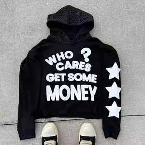 100% coton hommes surdimensionné ourlet brut sweat à capuche court avec pour bouffée personnalisé poids lourd Boxy pull hiver solide français éponge - Product Image 5