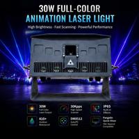 Laser d'animation RVB pleine couleur étanche IP65 30W, angle de faisceau 50°, balayage haute vitesse 30Kpps, DMX/Automatique, pour extérieur et mariages