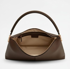 Bolso de Hombro de Cuero Liso Color Chocolate para Mujer, Bolso de Mano Minimalista de Lujo, Estilo Diseñador, Bolso de Mano con Herrajes Dorados - Product Image 4