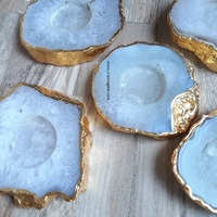Support de bougie chauffe-plat fait main en agate blanche, pierre précieuse, étanche, avec garniture dorée et cristaux, pour décoration de mariage et d'intérieur