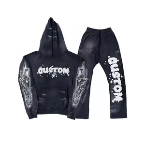 ชุดวอร์มผู้ชายแบบมีซิปเต็มตัว แต่งลายปะติด น้ำหนักเบา สไตล์ดิสเทรส ทรงขาบาน ยูนิเซ็กซ์  ผ้าฟอกสีเอซิด พร้อมกางเกงวอร์มและเสื้อฮู้ด - Product Image 5