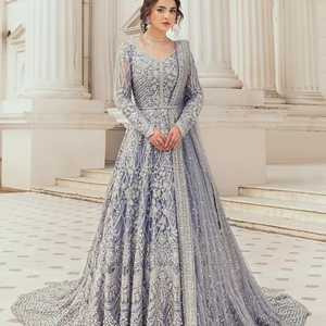 Modern Pakistani Bridal Wear Featuring Crystal Lace Embellishment Intricate Handwork Ruffles Floor-Length Ball Gown Embroidery - Product Image 1