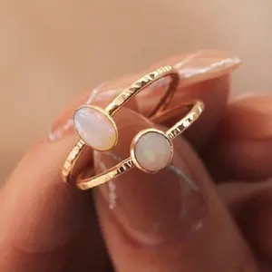 Ethiopian Opal Stone Ring Solid 925 Sterling Silver Hammer Texture Band 18k Gold Plated Wedding Engagement Ring Fine Jewelry