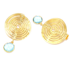 Pendientes Colgantes de Metal de Latón Chapado en Oro de 24K con Topacio Azul de Diseño Único, Corte Checker, Cuarzo Hidro, Forma Redonda, Venta al por Mayor para Mujeres y Niñas - Product Image 3