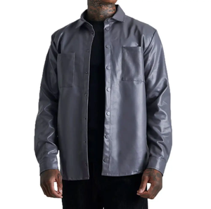 Custom Men's <b>Zip</b>-Up Collared T-<b>Shirt</b> Cotton Boxy Short Sleeve With Pocket Oversized Fit Casual Style PU Leather Pattern Design - Product Image 1