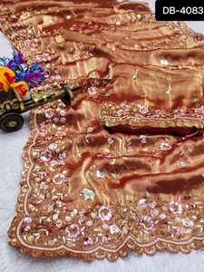 Saree en soie avec broderie Séquence de travail Lourd Party Wear Saree with Blouse Pieces Indian Saree Suit - Product Image 2