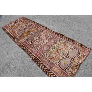 Alfombra turca Vintage Rosa marrón étnica 3,6X9,7 pies área grande clásica diseño de retazos de látex de lana para uso en el pasillo de adolescentes - Product Image 2