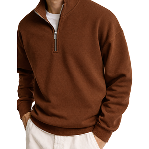 Minimalist Quarter <b>Zip</b> <b>Sweatshirt</b> Lightweight Casual Stand Collar Plain Color Half <b>Zip</b> <b>Full</b> Sleeve with Kangaroo Pocket - Product Image 3
