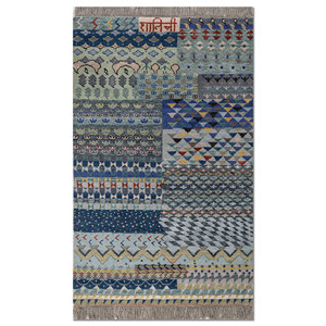 Tapis Manchaha noués à la main en laine et soie de bambou, design patchwork gris et noir pour salon, couloir, épaisseur 10 mm - Les-2846 - Product Image 1