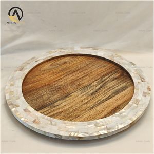 Bandeja Redonda de Diseño Geométrico Hecha a Mano Ecológica Desechable PARA LA Decoración del Hogar-para Ramadán Madre de Perla y Madera de Mango - Product Image 4