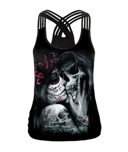 Confortable Cool Active Halloween femmes débardeur évider crâne imprimé gothique Rose gilet sans manches Streetwear Fitness haut - Product Image 4
