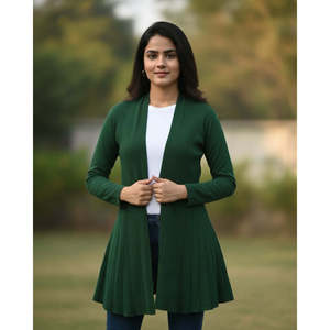 Winter Woolen Long <b>Knitted</b> <b>Shrug</b>-Bottle Green with Print Patchwork & Lace - Product Image 4