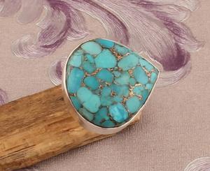<b>Blue</b> Copper Turquoise Ring Classic Style Sterling Silver Bohemian Statement Ring for Women - Product Image 2
