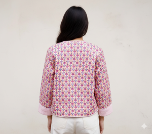 Veste courte matelassée réversible en coton pour femme, nouveau imprimé, tenue de bureau décontractée avec décoration florale, style décontracté pour filles - Product Image 2