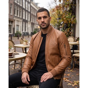 Chaqueta de Cuero Tipo Bomber para Hombre, Corte Ajustado, Cuello de Piel de Cordero, Forro Acolchado, Chaqueta de Aviador de Cuero Genuino, Logotipo Personalizado OEM - Product Image 5