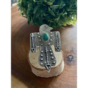 Navajo Kingman Turquoise & Sterling Silver Thunderbird <b>Statement</b> <b>Ring</b> Bezel Setting Everyday Wear Geometric Pattern Size 11.25 - Product Image 1