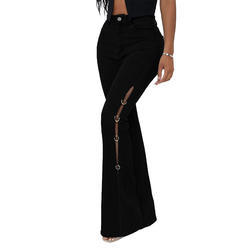 <b>Women</b> Flared <b>Trousers</b> High Waist Stretch <b>Slim</b> Ripped Jeans <b>Cargo</b> Pants Street Wear Hot Sell Side Chain Patchwork Denim Jeans - Product Image 3
