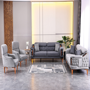 Ensemble de canapés Chesterfield gris capitonnés haut de gamme, confortable, en tissu, 3 places, avec pieds en bois, meubles de salon - Product Image 2