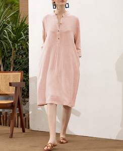 2024 vestido recto de manga tres cuartos con cuello en V y botones para mujer, ropa festiva lavable sostenible Natural tejida - Product Image 2