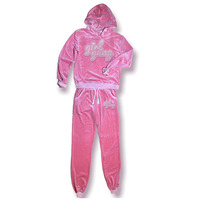 Ensemble de survêtement rose en velours à capuche pour femme, imprimé Girl Gang, décontracté, à manches longues, coupe ample, toutes saisons