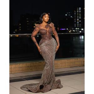 Vestido de Noche de Sirena de Cristal Champán con Cintura Imperio, Mangas de Ilusión, Lentejuelas y Perlas, Largo hasta el Suelo, para Fiesta Formal - Product Image 2