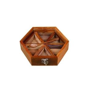 Caja de especias con forma hexagonal de madera marrón hecha a mano con tapa de vidrio transparente Caja Masala y cuchara 6 contenedores - Product Image 1