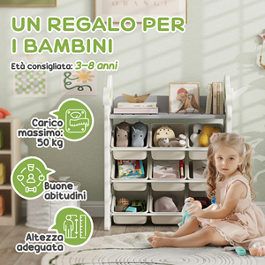 AIYAPLAY Estante de almacenamiento de juguetes de 4 niveles con 9 contenedores y gancho lateral HDPE 77x42x94 cm Blanco Crema Modelo 311-087V00CW - Product Image 5