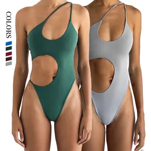 Sexy Solid Color Bikini Simple Asymmetric One Pieces Women Strapping Swimsuit Swimwear Beachwear Bikini