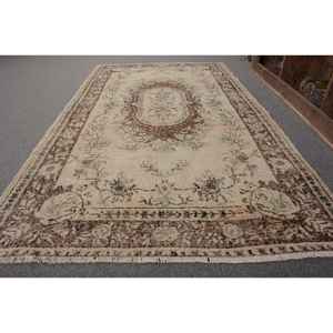 พรมทอส้นเตี้ยขนแกะสไตล์ตุรกีวินเทจ3.9x6.9ft ลวดลายปะต่อสีเบจ-น้ำตาลสำหรับตกแต่งห้องนั่งเล่นทางเดินลาเท็กซ์ - Product Image 2