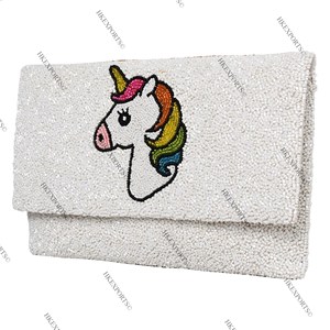 Beaded Unicorn Clutch Women's Cartoon Animal <b>Handbag</b> Flap Closure Party Wedding Accessory - Product Image 1