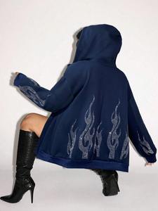 Sweat à capuche court en molleton doux pour femme avec strass, fermeture éclair, respirant, confortable, style streetwear vintage, broderie délavée à l'acide - Product Image 2