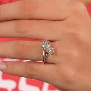 Solid Gold Toi Et Moi Engagement <b>Wedding</b> <b>Ring</b> <b>Cushion</b> Trillion Cut Lab Grown Double Stone Anniversary <b>Ring</b> - Product Image 2