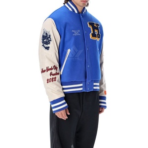 Chaqueta Varsity Azul Sólida de Lona Personalizada para Hombre, Cuello Alto, Logotipo Frontal, Corte Regular, Transpirable, Estilo Preppy, Ropa de Abrigo para Otoño - Product Image 4
