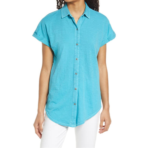 Camicia da campeggio color verde acqua taglia XS in tessuto a maglia jersey Scuba Caslon Slub, stile semplice per primavera/estate - Product Image 1