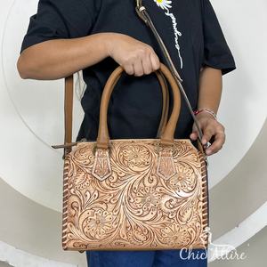 New Arrival Hand Tooled Floral Cowhide Leather Small Speedy Bags Western Travel Purse Vintage Style Genuine Leather Duffle Bags - Product Image 1