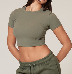 Top corto de punto de manga corta para mujer, ropa deportiva de entrenamiento transpirable para gimnasio y Yoga, camisa atlética elástica para Fitness - Product Image 1