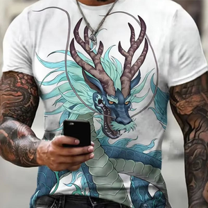 Camiseta con estampado gráfico de dragón de alta calidad para hombre, camiseta de talla grande de ganchillo de manga corta con técnicas infladas lavadas para hombre - Product Image 1