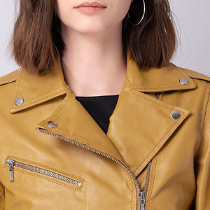 Chaqueta de cuero de motocicleta de Color sólido con cuello de plumón, chaqueta de cuero de tamaño personalizado, chaqueta de mujer a la venta, servicio OEM de alta calidad - Product Image 6